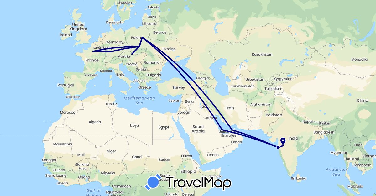 TravelMap itinerary: driving in United Arab Emirates, Czech Republic, Germany, France, India, Poland, Qatar, Slovakia (Asia, Europe)